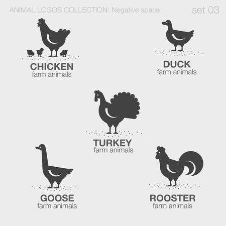 Farm Animals Logos negative space style design vector templates.
Chicken, Duck, Turkey, Goose, Rooster silhouettes logotype concept icons set.のイラスト素材
