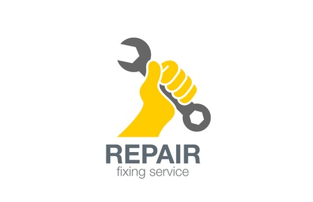 Hand holds Spanner Logo Repair concept vector design template.
Fixing Logotype icon.のイラスト素材