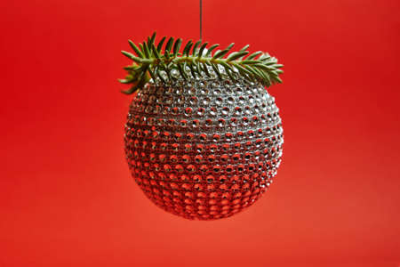 New year toy with spruce twig for greeting card on the red backgroundの写真素材