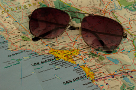 Closeup of a map showing Los Angeles and San Diego in California