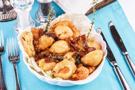 Mediterranean dish, fried butter dough with seafoodの写真素材