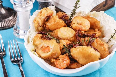 Mediterranean dish, fried butter dough with seafoodの写真素材