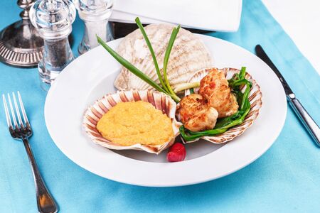 Pan seared scallops with pea puree, leek and red pepperの写真素材