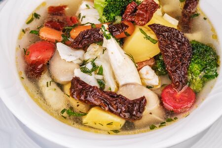 Seafood with vegetables and mushroom soupの写真素材