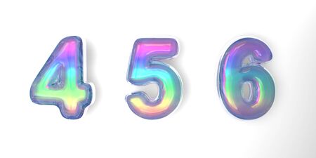 3D text of the letter 456 in the style of soap bubbles with a rainbow tint on