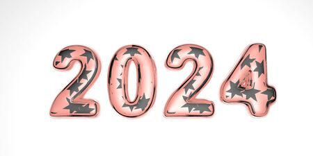 Happy new year 2024. Holiday 3D render of a glass pink texture with silver stars inside 2024....