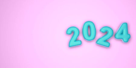 Happy New Year 2024. Festive 3D illustration of numbers of stained glass in blue on a pink background of numbers 2024. Realistic 3d sign. Holiday poster or banner design.の写真素材