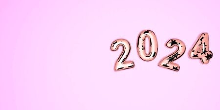 Happy New Year 2024. 3D festive illustration of pink colored glass numbers and silver stars on a pink background of numbers 2024. Realistic 3d sign. Holiday poster or banner design.の写真素材