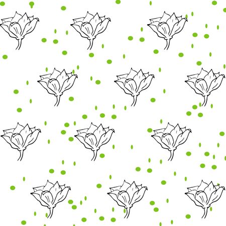 seamless background - sketch black leaves, flowers and flower buds on a white background with green specks. vector graphics,のイラスト素材