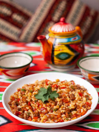 An oriental dish lagman - homemade noodles fried with meat and vegetables. Eastern cuisineの写真素材