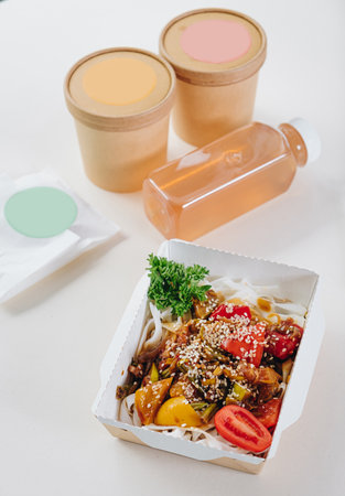 food in containers. proper nutrition, daily diet, weight loss. drink, salad. Top viewの写真素材