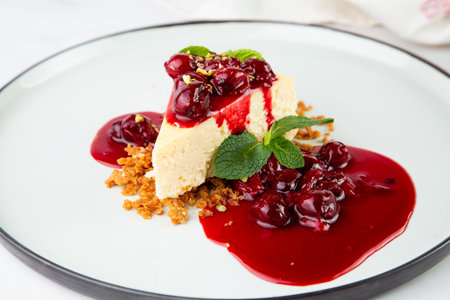 side view of cheesecake with juicy berries and mint on a white plateの写真素材
