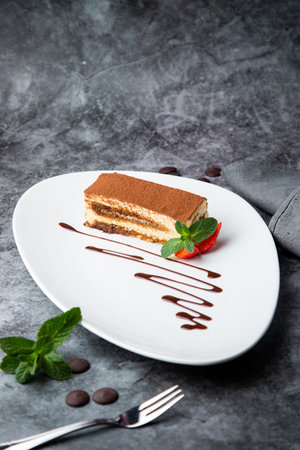 side view of chocolate sponge cake with strawberries and mint on a white plateの写真素材