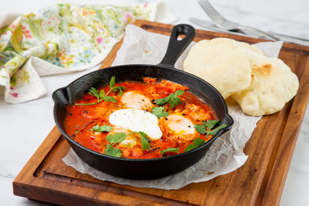 beetroot borscht with sour cream and parsley in a frying pan, side viewの写真素材