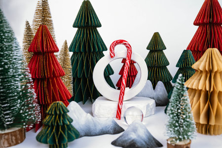 Christmas background with decorative Christmas trees. Candy stick. Advertising conceptの写真素材