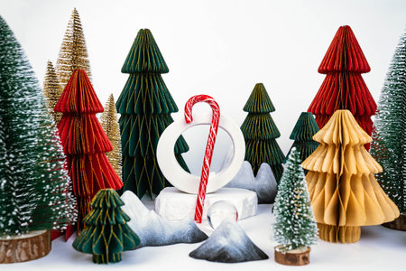 Christmas background with decorative Christmas trees. Candy stick. Advertising conceptの写真素材