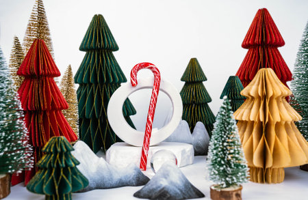 Christmas background with decorative Christmas trees. Candy stick. Advertising conceptの写真素材