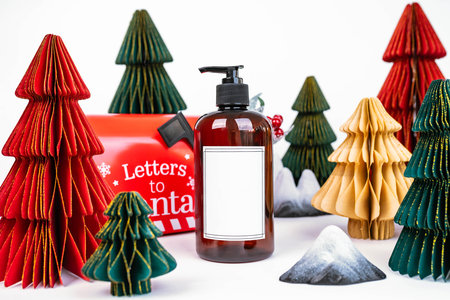 New Years background for a product or card. Colored Christmas trees, Santa Claus mailbox.の写真素材