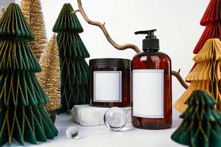 dark jar with lid and dispenser on the background of Christmas decorations, side viewの写真素材