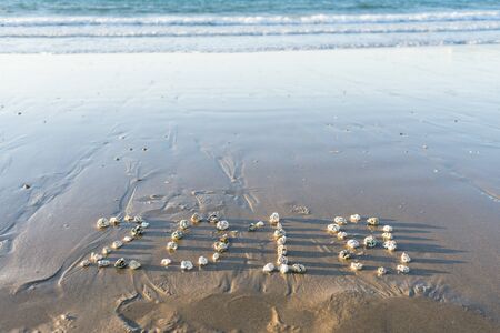 year 2018 written with stones in the sand of the beach