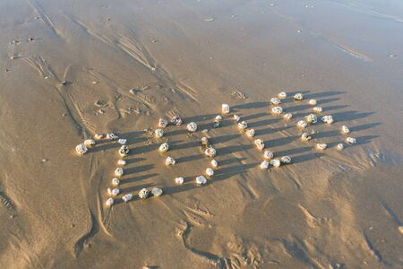 year 2018 written with stones in the sand of the beachの写真素材