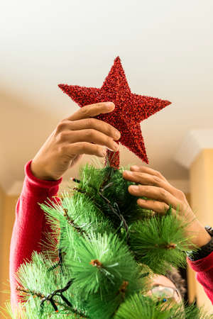 Detail of the hands of a man hanging the star high up on a Christmas tree.の写真素材