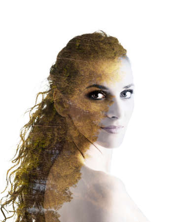 Portrait of a young woman with her hair collected with the effect of double exposition on white...