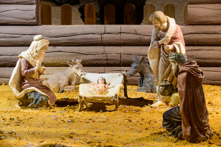 In some Catholic countries it is a tradition that at Christmas time houses are decorated with figures representing the birth of Jesus adored by the Three Wise Men.の写真素材