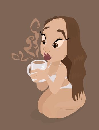 Pretty Cartoon Girl Drinking Hot Morning Coffeeのイラスト素材