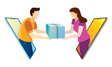 Online delivery app shopping Food items courier box deliver to homeのイラスト素材