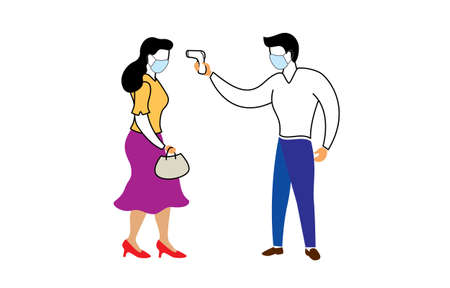 Man Checking Fever Body Temperature check with Non-contact Infrared thermometer scan for covid-19 coronavirus preventionのイラスト素材