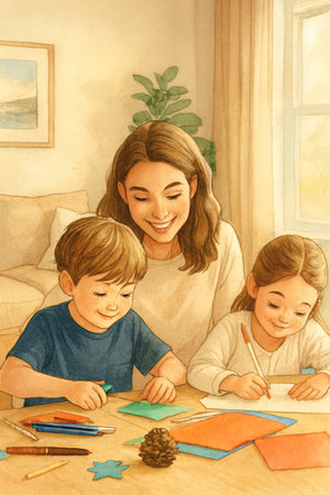An AI generated realistic image of a mother and two children doing arts and crafts together at a cozy, well-lit table. The scene features natural proportions, soft textures, and waの素材