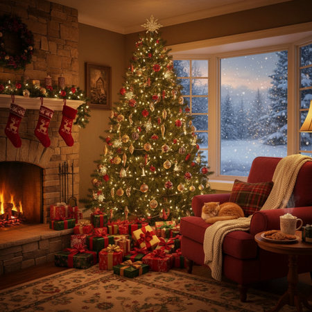 Christmas living room interior with fireplace and Christmas tree. 3d renderingの素材