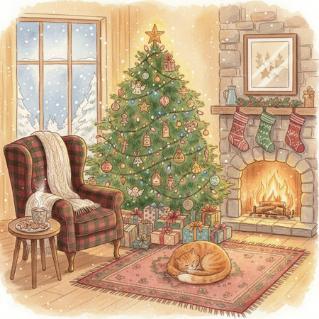 AI Generated Festive Christmas Living Room with Sleeping Cat and Fireplaceの素材