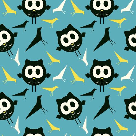 Seamless colorful retro birds and owls background illustrationの写真素材