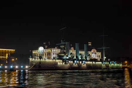 View of the Cruiser "Aurora". Neva River, Saint Petersburg. August 2017. Night photography.のeditorial素材