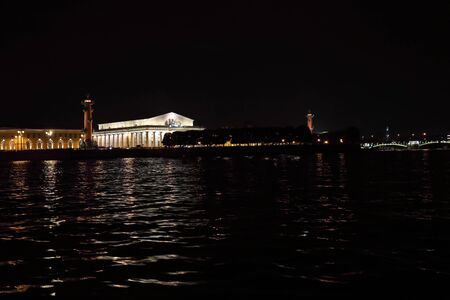 The view on the Strelka of Vasilyevsky Island and the Exchange Building. Neva River, Saint Petersburg. August 2017. Night photography.のeditorial素材