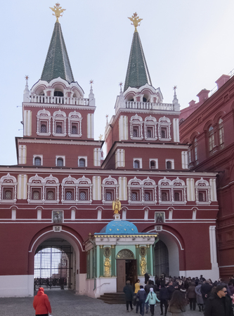 Resurrection gate and Iveron chapel, the Kremlin, Moscow, Russia. The Feast Of Holy Easter. April 10, 2018.のeditorial素材
