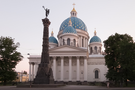 Trinity Izmailovo Cathedral And the column of Glory. The view from the side of the Izmajlovsky prospectus. Russia, St.Petersburg Petersburg. July 2018.のeditorial素材