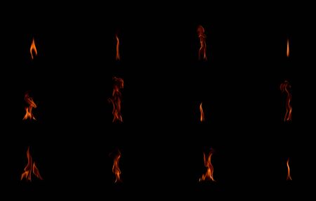 Fire flames collection isolated on black background.