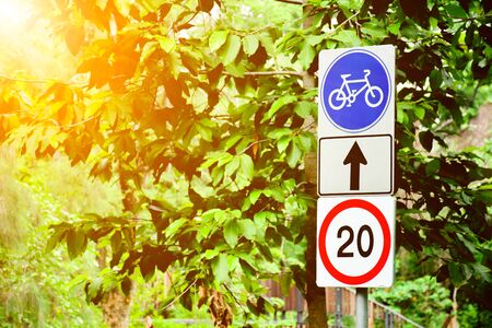 blue bicycle sign in the park.の写真素材
