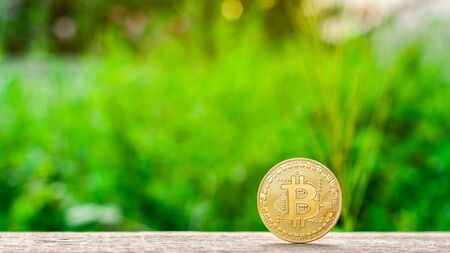 Mining golden bitcoins. - Golden bitcoins stand alone on the table.