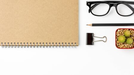 Top view of a white office table - background for copy space.の写真素材