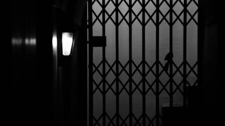 silhouette of a metal cage slide door in the nightの写真素材