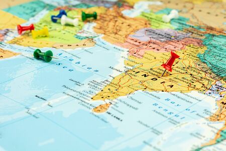 a red pin placed selective at india map. - economic and business concept.の写真素材