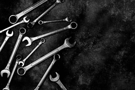 Set of spanner on old abandoned iron plate. - industrial workshop hand tools concept.の写真素材