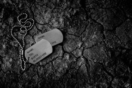 Blank military dog tags on cracked soil floor. - Memories and sacrifices concept.の写真素材