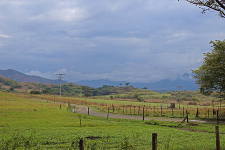 We can see a road that runs through a rural area where there are green pastures, fences, electricity poles and many mountains in the background.の写真素材