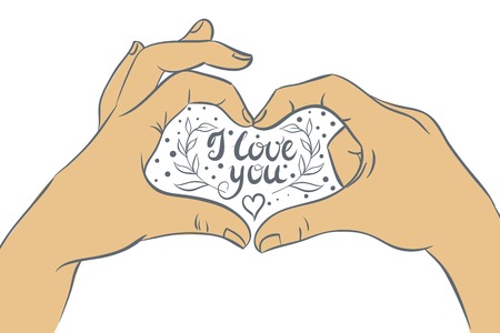 Hands folded heart with the inscription "I love you." Vector illustration, hand drawing.のイラスト素材