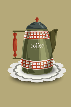 Restored vintage enamel coffee pot with checkered patterns and wooden handle. Vector illustration, hand drawing.のイラスト素材